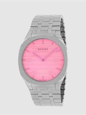 Gucci 25H Pink Silver Watch YA163410 Women's Size 38